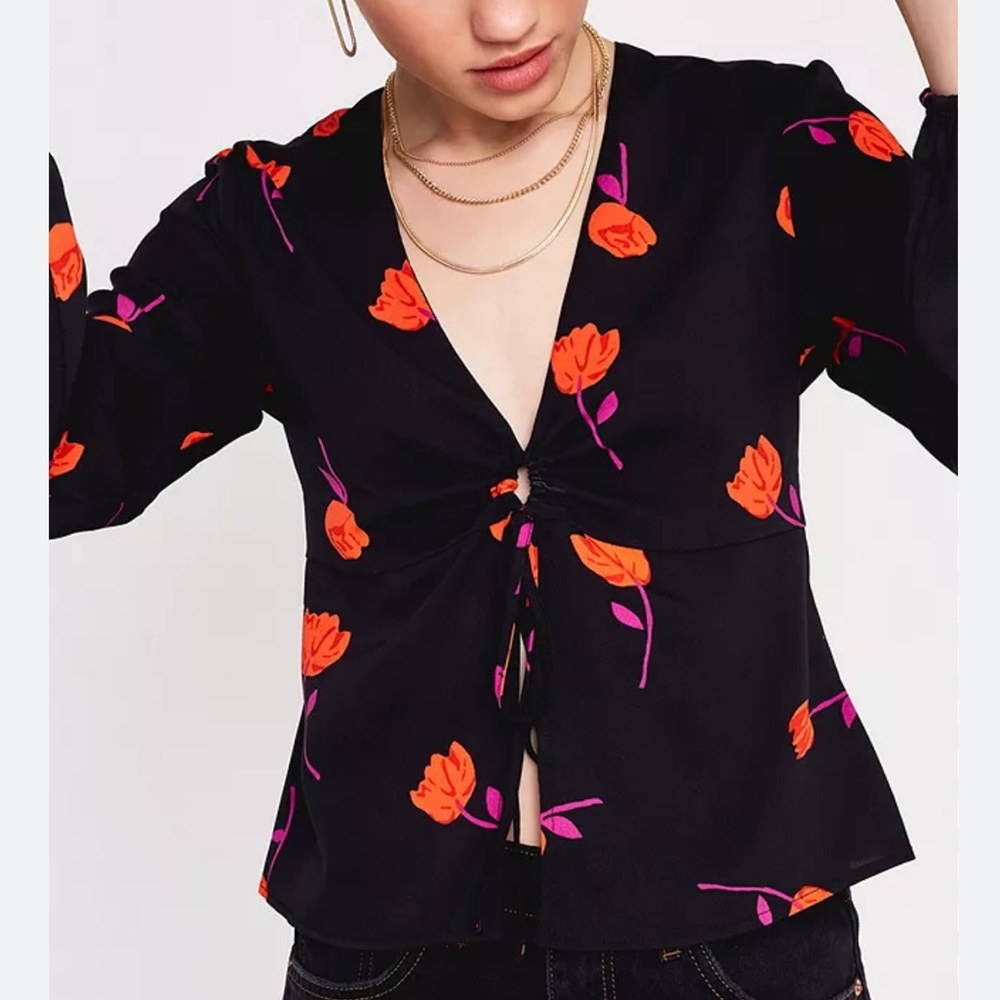 Urban Outfitters Galina Top - Black floral open front detail